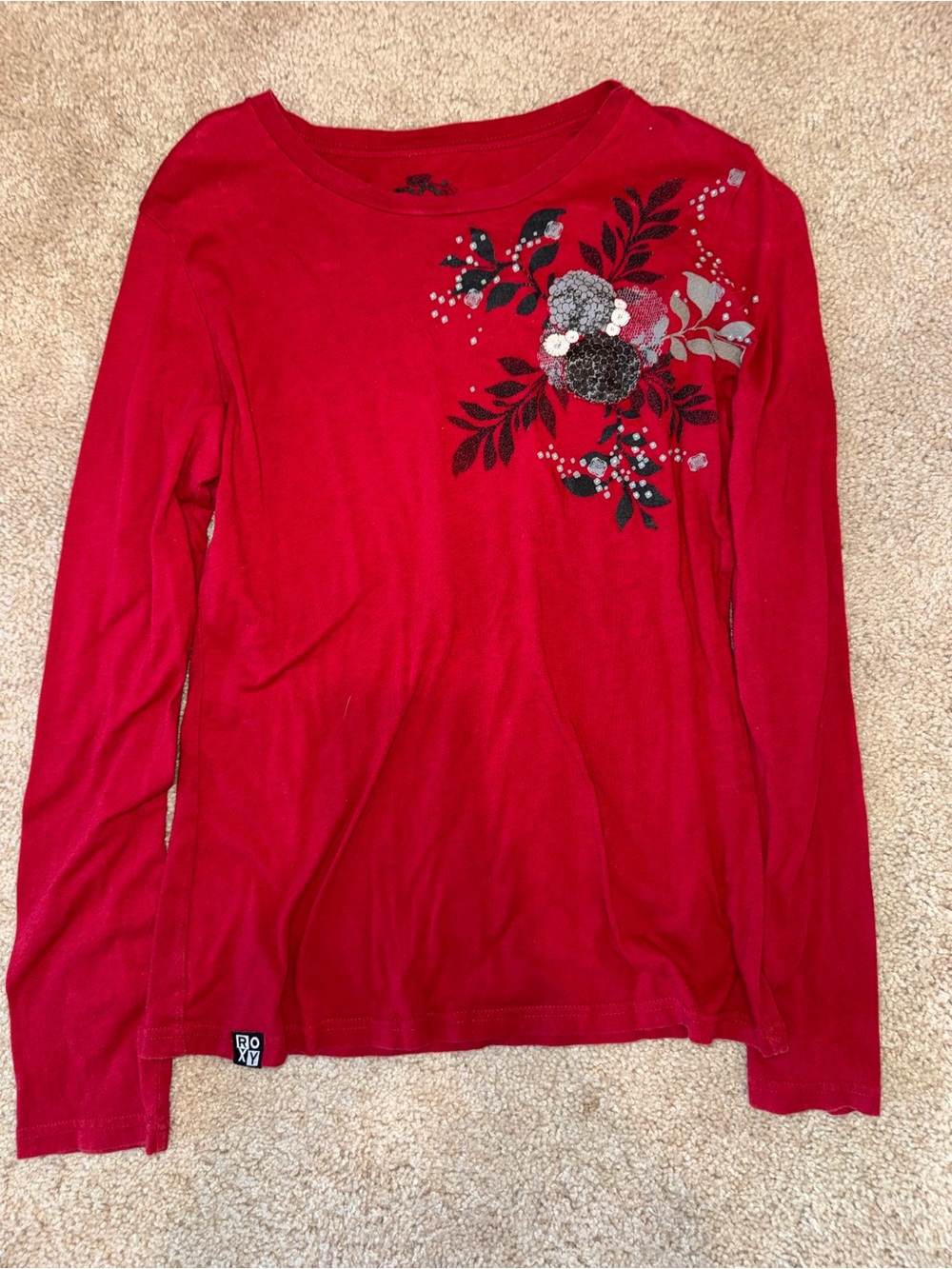 Y2K Roxy Red Long-Sleeve Tee with Floral Detail